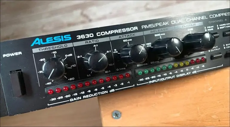 Alesis 3630 dual-channel compressor known for aggressive ducking and rave-era pump