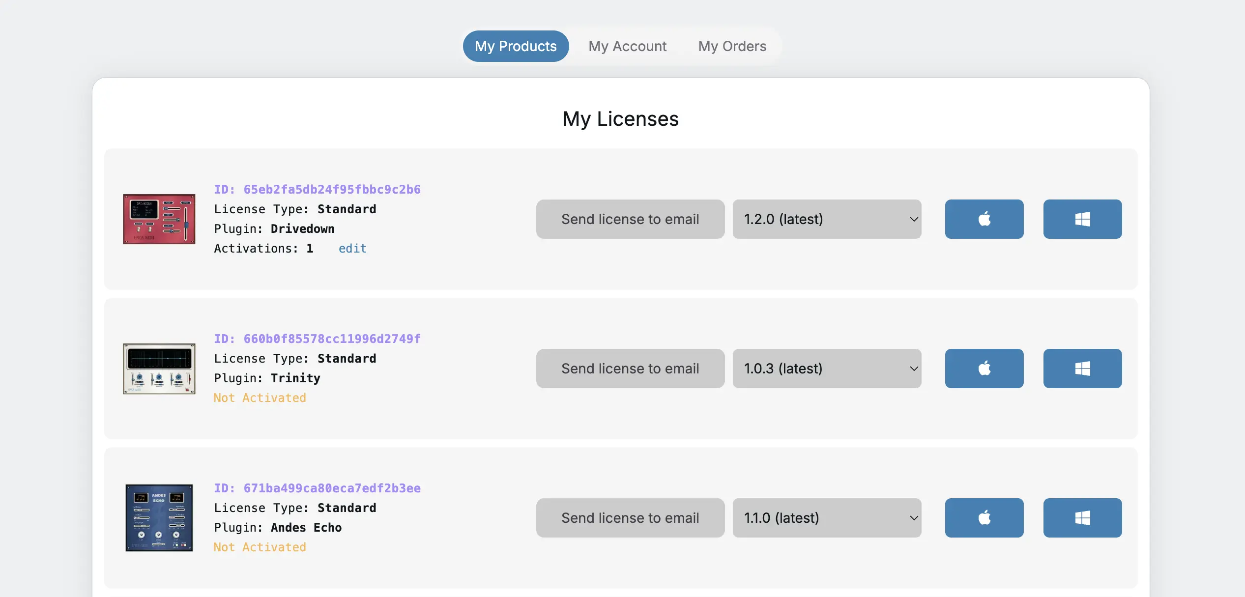 My Products page showing your licenses